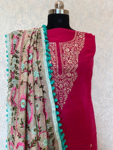 Festive Rush Chanderi Zari Silk Top With colourful embroidered Dupatta - Pink