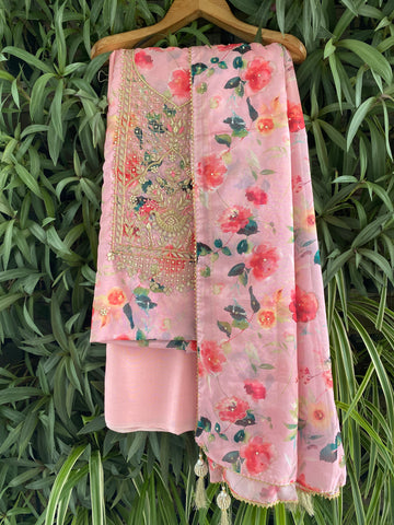 Floral mist organza suit fabric - Pink