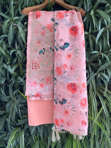 Floral mist organza suit fabric - Peach