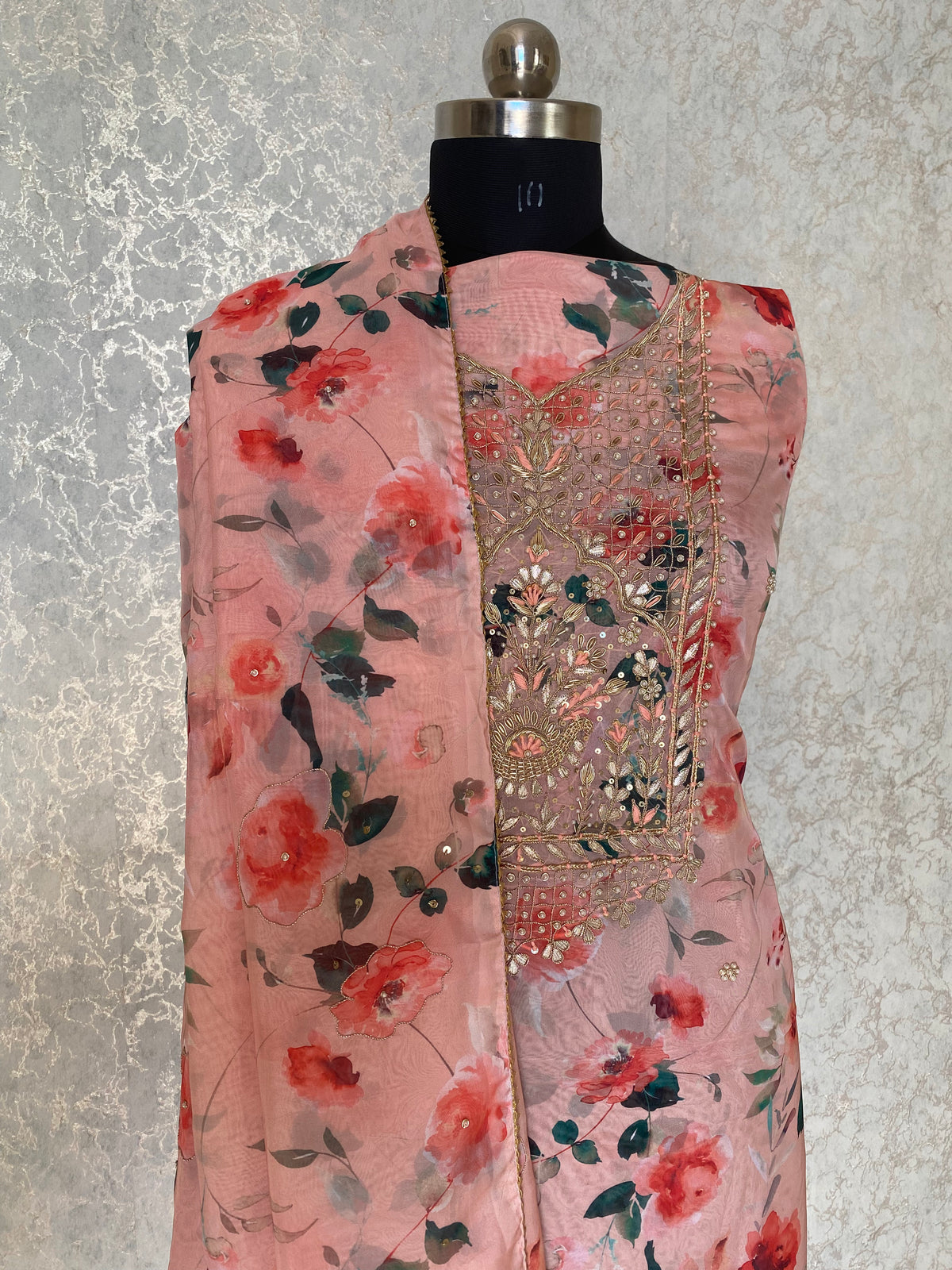 Floral mist organza suit fabric - Peach