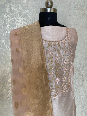 Festive Rush Chanderi Zari Silk Top With Organza Dupatta - Light pink  & gold