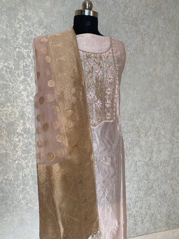 Festive Rush Chanderi Zari Silk Top With Organza Dupatta - Light pink  & gold