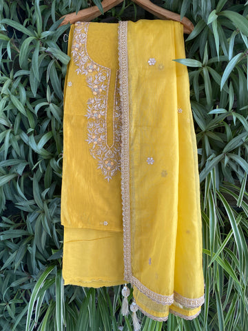 Festive Rush Chanderi Zari Silk Top With Organza Dupatta - Mustard yellow