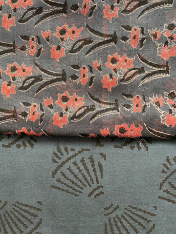 Coral pop block print Maheshwari cotton silk suit set fabric - Grey & peach