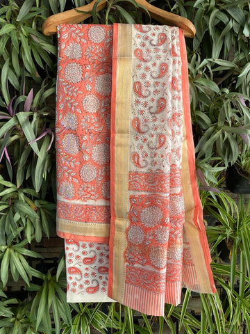 Coral bliss block print Maheshwari cotton silk suit set fabric - Orange & white