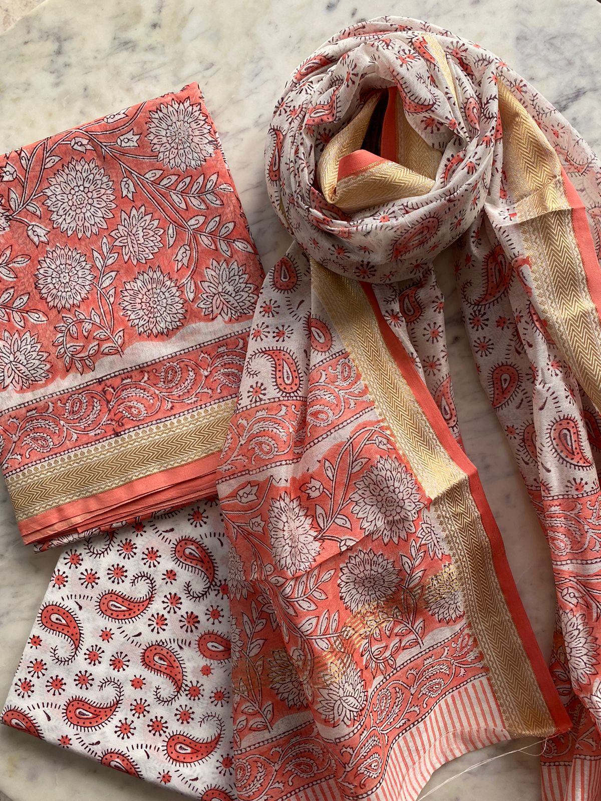 Coral bliss block print Maheshwari cotton silk suit set fabric - Orange & white