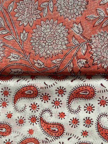 Coral bliss block print Maheshwari cotton silk suit set fabric - Orange & white