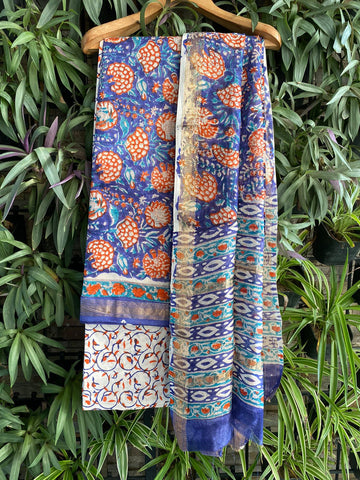 Dramatic blooms block print Maheshwari cotton silk suit set fabric - Blue & red