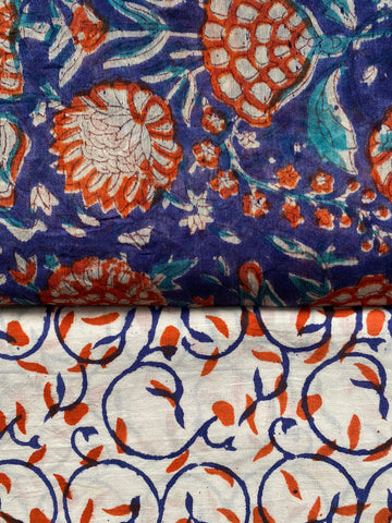 Dramatic blooms block print Maheshwari cotton silk suit set fabric - Blue & red