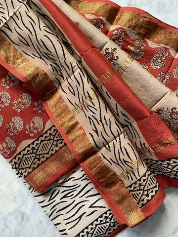 Burnt sienna block print Maheshwari cotton silk suit set fabric - Red & beige