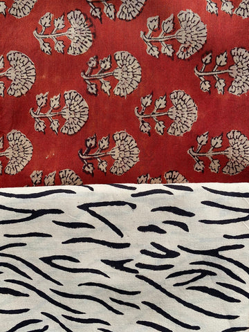 Burnt sienna block print Maheshwari cotton silk suit set fabric - Red & beige