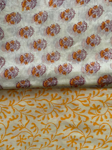 Lemon sorbet block print Maheshwari cotton silk suit set fabric - Yellow