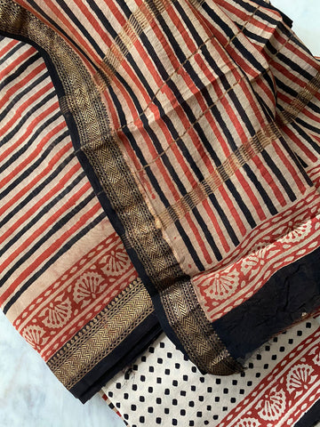 Striping grace block print Maheshwari cotton silk suit set fabric - Beige, red & black