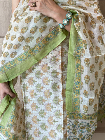 Silk route floral block print  silk suit set fabric -Cream & green