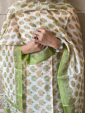 Silk route floral block print  silk suit set fabric -Cream & green