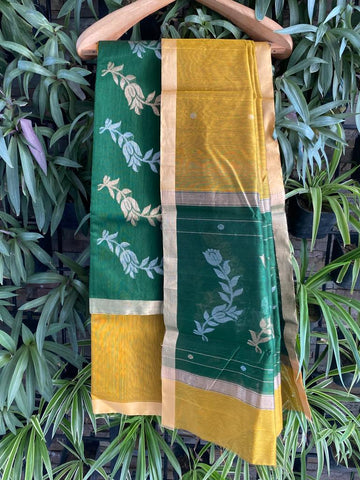 Sitare Chanderi cotton silk suit set - Green & yellow