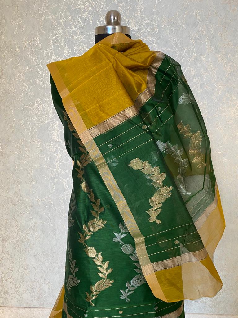 Sitare Chanderi cotton silk suit set - Green & yellow