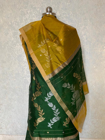 Sitare Chanderi cotton silk suit set - Green & yellow