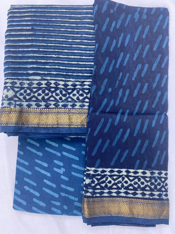 Indigo Stripes bagru hand block Maheshwari suit fabric - Indigo