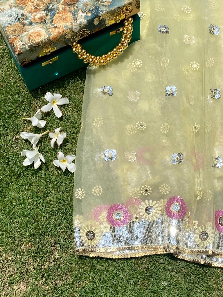 Naznin Net dupatta with sequins and embroidery - Yellow