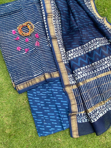 Indigo Stripes bagru hand block Maheshwari suit fabric - Indigo