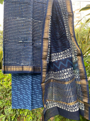 Indigo Stripes bagru hand block Maheshwari suit fabric - Indigo