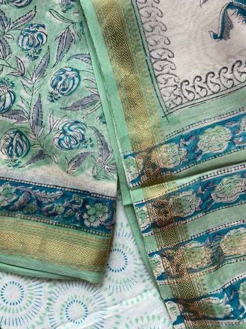 Breezy grace hand block print Maheshwari suit set fabric - Green & blue