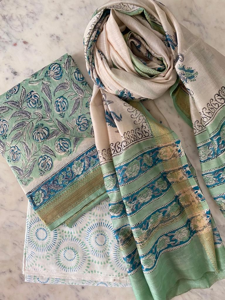 Breezy grace hand block print Maheshwari suit set fabric - Green & blue