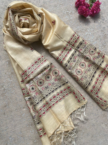 Ethnic motifs handpainted Kosa silk Madhubani Dupatta - Beige