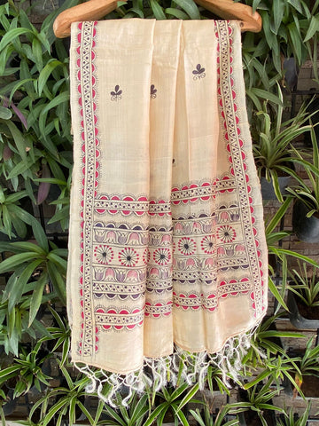 Ethnic motifs handpainted Kosa silk Madhubani Dupatta - Beige