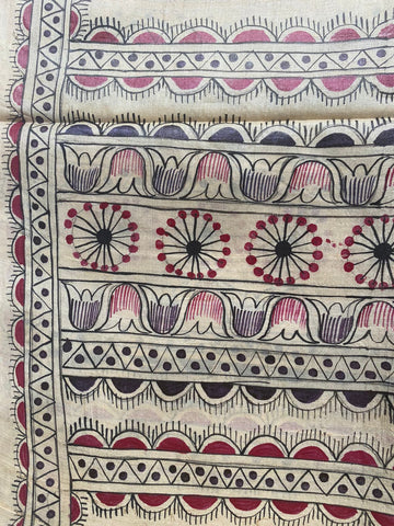 Ethnic motifs handpainted Kosa silk Madhubani Dupatta - Beige