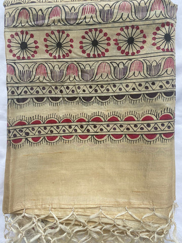 Ethnic motifs handpainted Kosa silk Madhubani Dupatta - Beige