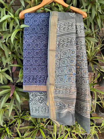 Square up hand block print Maheshwari suit set fabric - Grey & blue