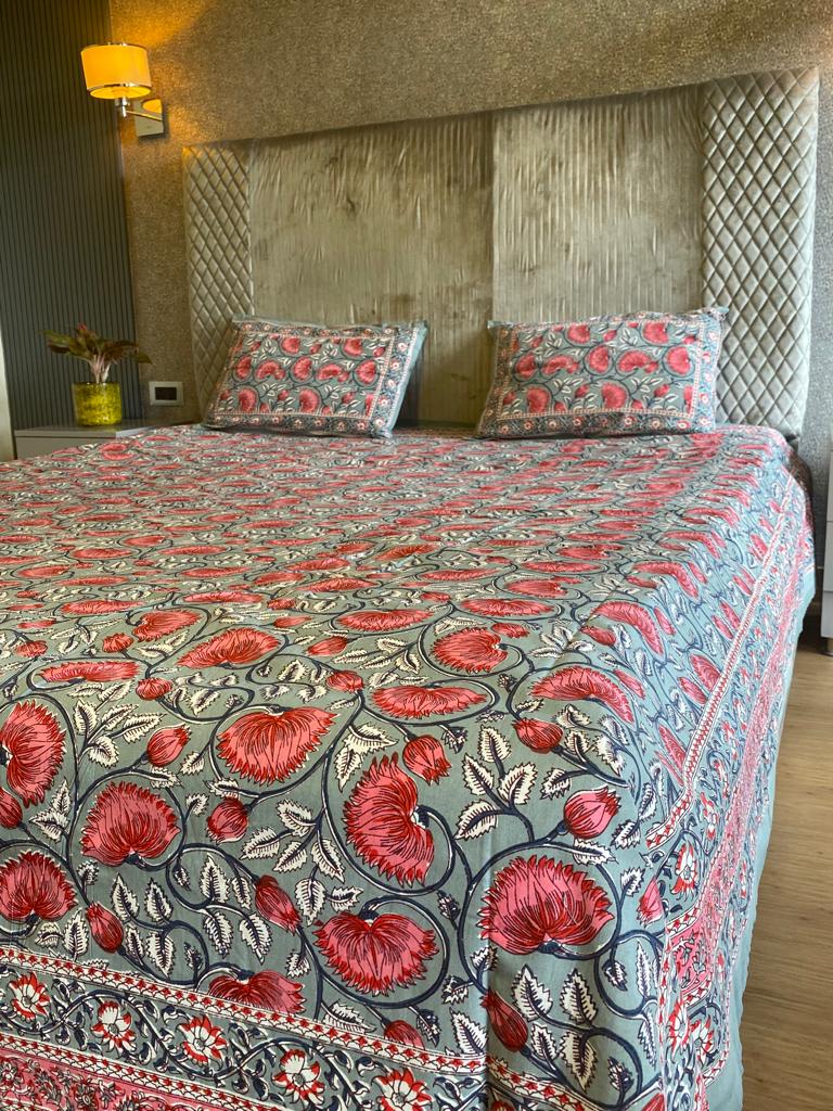 Floral forest XL king size Sanganer Block Print Bedsheet - grey and pink
