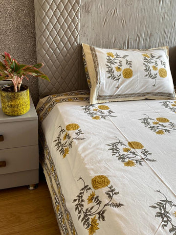 Calming blooms XL king size Sanganer Block Print Bedsheet - cream and yellow
