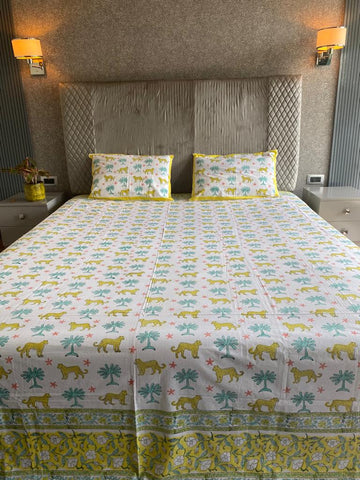 Rules of jungle XL king size Hand Block Print Bedsheet - yellow and green