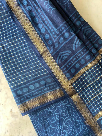 Bindiya blooms hand block print Maheshwari suit set fabric - Blue