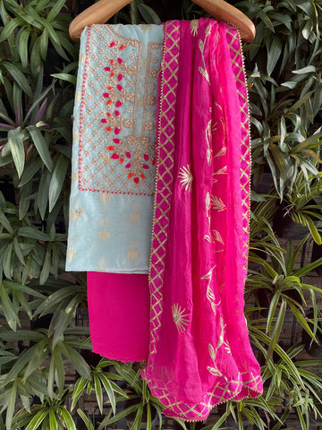Glam up Chanderi silk suit with Chiffon dupatta -Light Blue and Pink