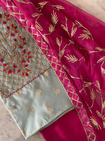 Glam up Chanderi silk suit with Chiffon dupatta -Light Blue and Pink