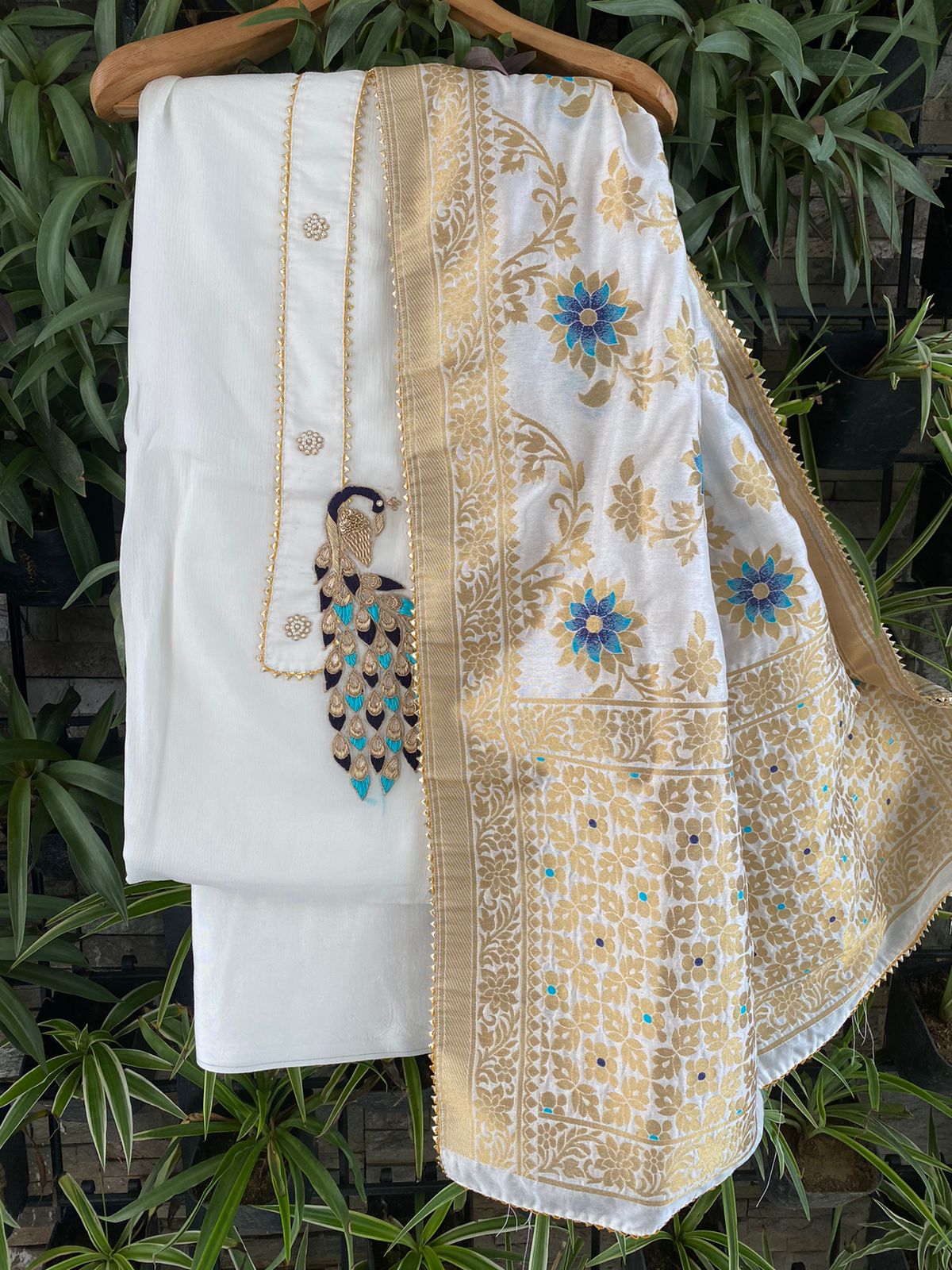 Peacock shines Upada silk suit set with woven chanderi dupatta - White, gold & blue