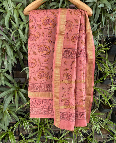 Peach & paisley Hand block print Maheshwari suit set fabric - Peach