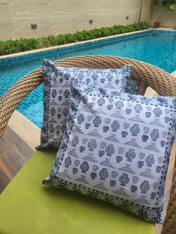 Grey lantern handcrafted block print cushion covers - set of 2