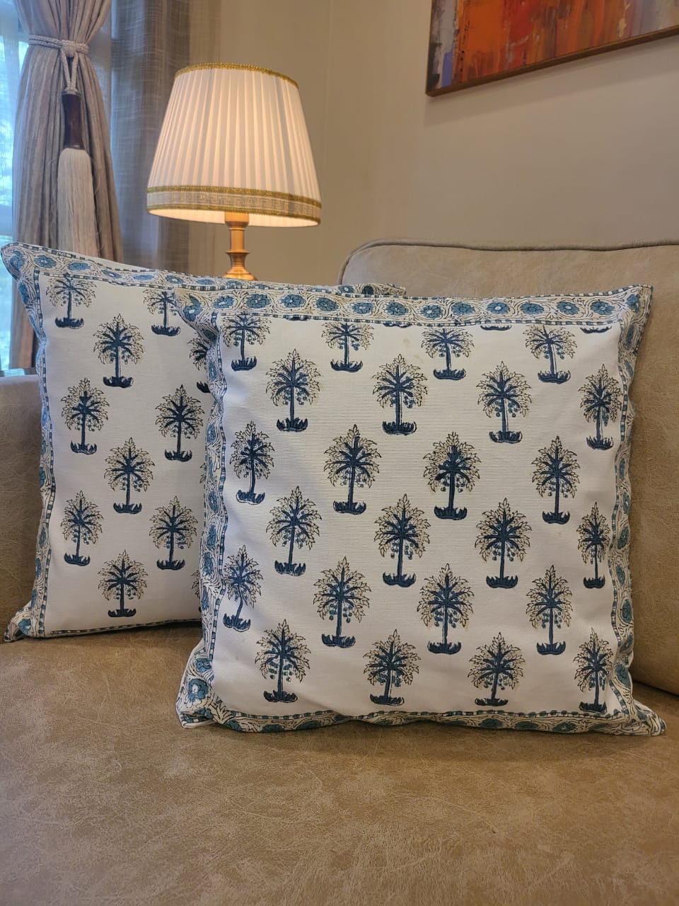 Palm street handcrafted block print cushion covers - set of 2 - Blue and white