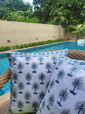 Palm street handcrafted block print cushion covers - set of 2 - Blue and white