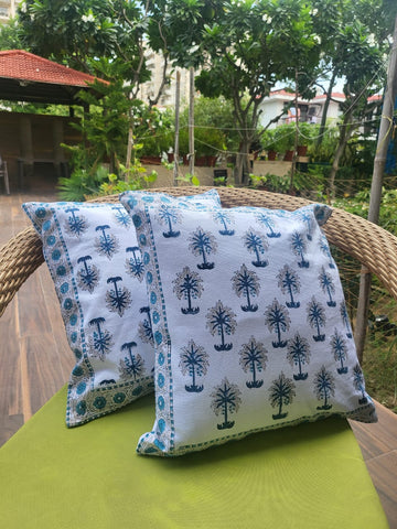 Palm street handcrafted block print cushion covers - set of 2 - Blue and white