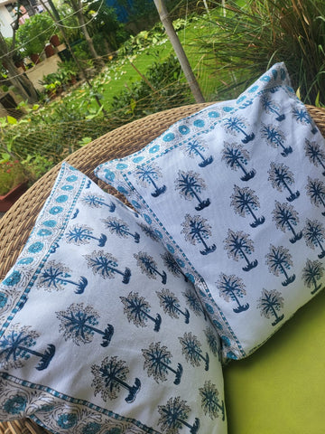 Palm street handcrafted block print cushion covers - set of 2 - Blue and white