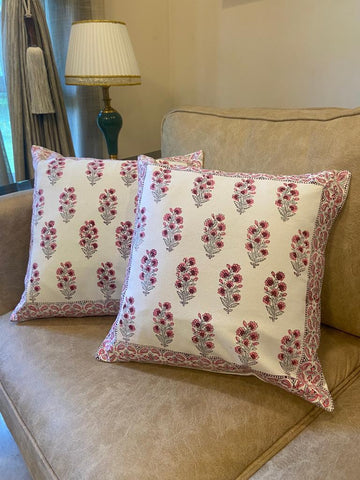 Spring love Handcrafted block print cushion covers - set of 2- Pink & white