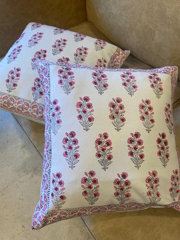 Spring love Handcrafted block print cushion covers - set of 2- Pink & white