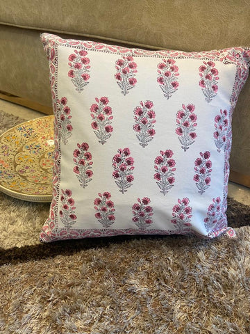 Spring love Handcrafted block print cushion covers - set of 2- Pink & white