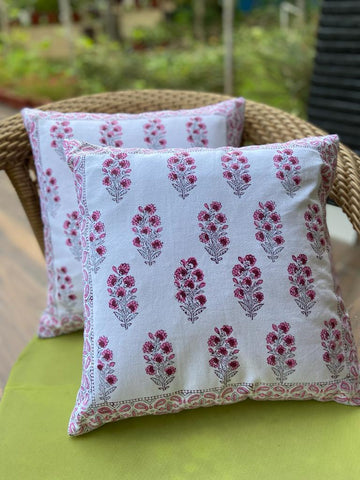 Spring love Handcrafted block print cushion covers - set of 2- Pink & white